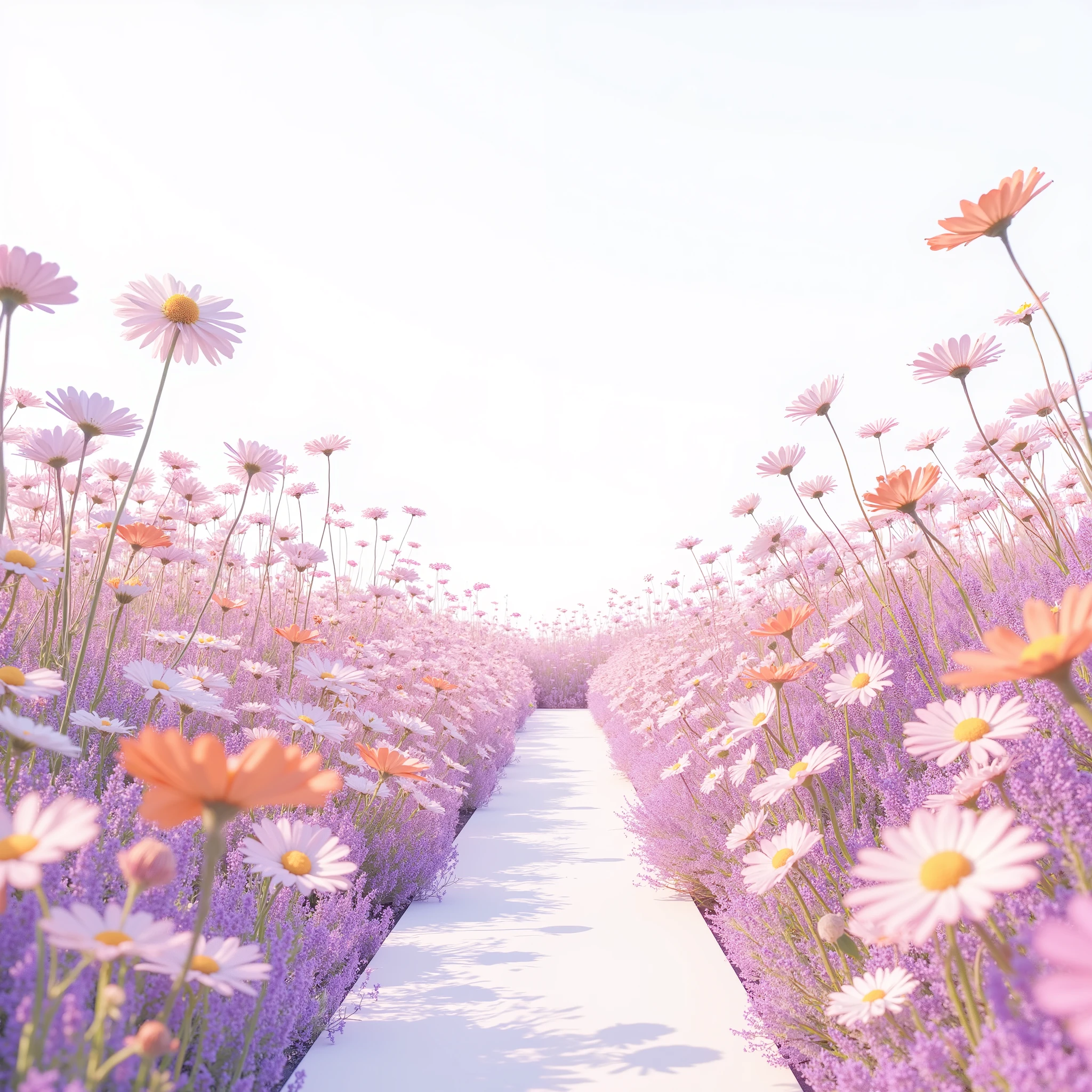 "White 배경.colorful small flowers bloom to create a flower path. The flowers are arranged from the bottom of the pink, Orange, White, It creates a bright and fantastic atmosphere with various colors such as yellow. The entire scene is dreamy and fairytale-like, and the,. It's an analog-like illustration style.. The viewpoint is oriented from the bottom of the screen to the top, and, The long flower path of Han Gil is getting farther away."high definition.illustration.Simple.The image is isolated without being cut.
