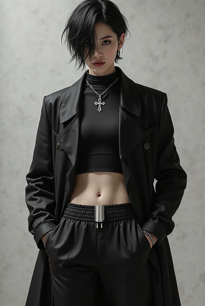 arafed image of a man in a black jacket and jeans, androgynous, ad image, androgyny, official dior editorial, by Tadashi Nakayama, androgynous person, magazine photo, jungkook, 2 4 year old female model, taejune kim, cropped shirt with jacket, style of masami kurumada, androgynous male