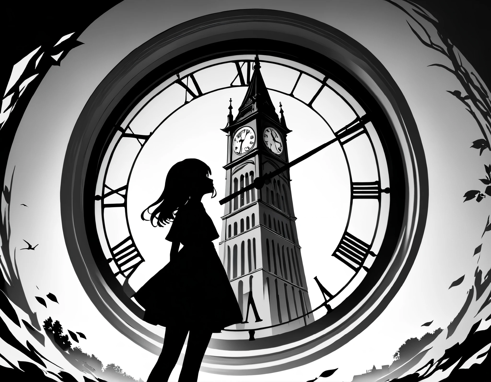 (( black and white artwork ))、((paper cut style )),high contrast、(8k, Highest Quality)、Ultra High Definition、 adorable by design、Highest Quality, beautiful, Absurd beauty、masterpiece、best image quality、(silhouette),Clock Tower and Girl's Theme、European Landscape、Clock Tower Background、with only blue hair、looking up from below、Emphasis Shading