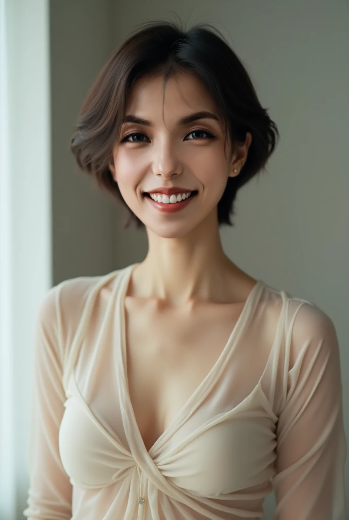 a pixie cut A smile an lingerie Brown hair
