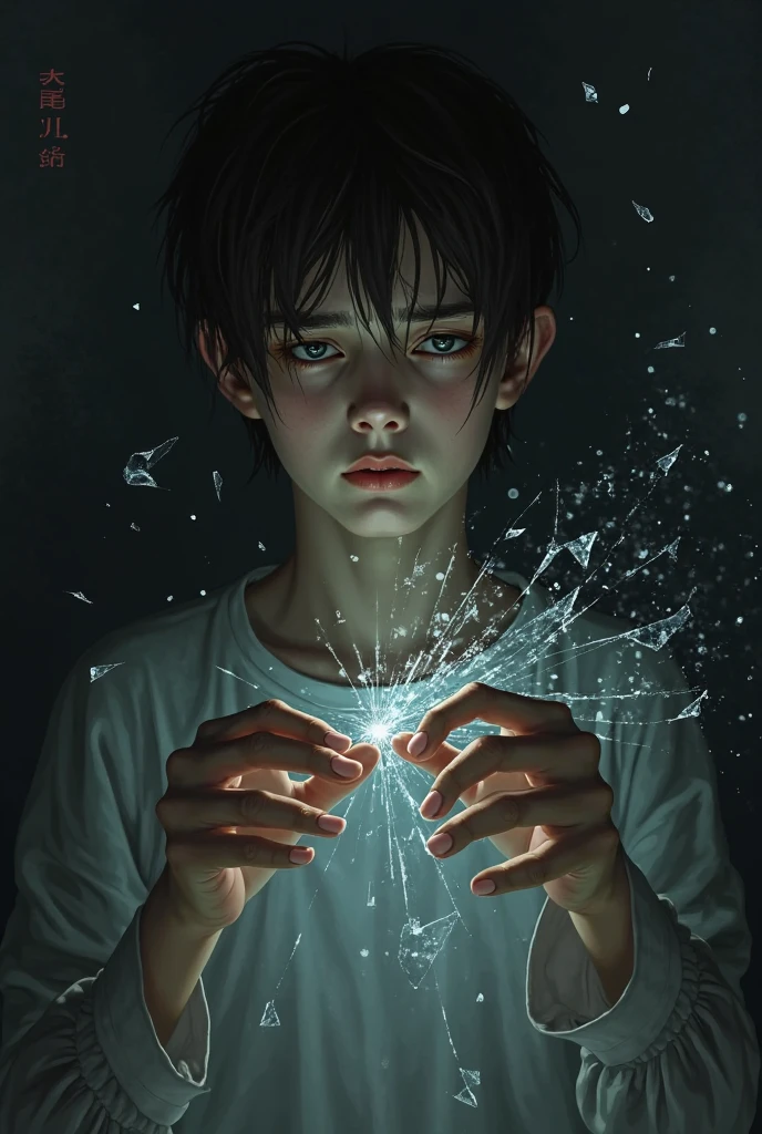black and white boy with magic in his hands and sad