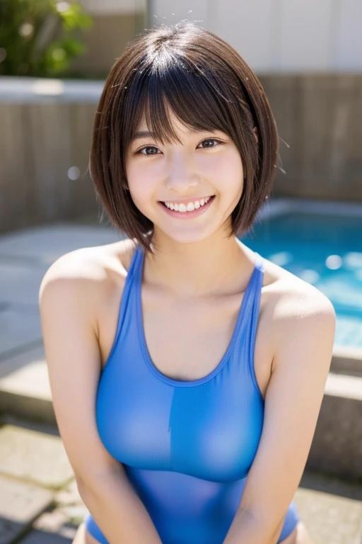 Highest quality、Realistic、、zoom、、Girl、look up、cute、Light grey eyes、Black Hair、Armpit hair、short hair、Tanned brown skin、Dark Skin、School Swimsuit、Navy blue swimsuit、Sweat、Shy laugh、Lengthen the tongue、Flat Chest、Bust Shot、thin、Pool