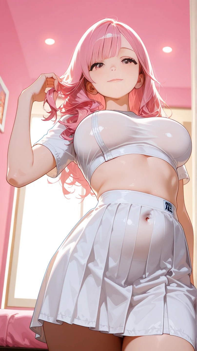 (masterpiece, best quality:1.2), 1girl, solo,standing_split, Yuuki Mikan, long hair, white T-Shirt lifted upwards to expose large breasts and nipples,pink skirt,no panties, exposing bare vagina, open vagina with fluids oozing out, bedroom