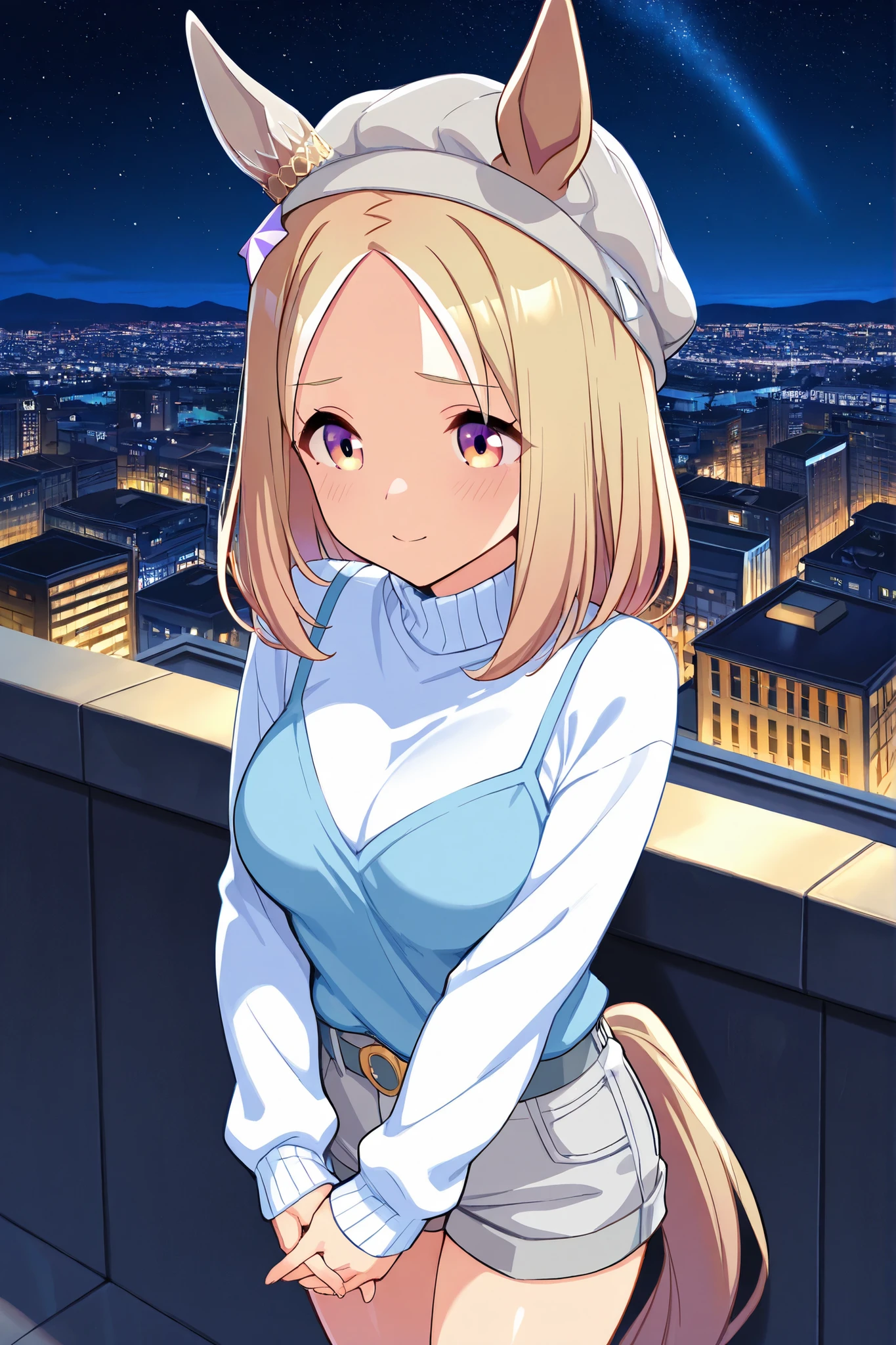 narita top road \(umamusume\)(((masterpiece))),(((detailed)))((best quality)),((hyper detailed)),(beautiful),((shinythighs)),(((shiny skin))),(high quality skin),((8k)),((high resolution)), grey boots, horse tail, grey shorts, horse ears, beanie, long sleeves, medium hair, sweater, ears through headwear, belt, , star hair ornament, grey headwear, blue camisoleCelestial road,light smile,embarrassed,light blush,close mouth,interlocked fingers,city,cityscape,city lights,night sky,night,starry sky,anime girl,solo