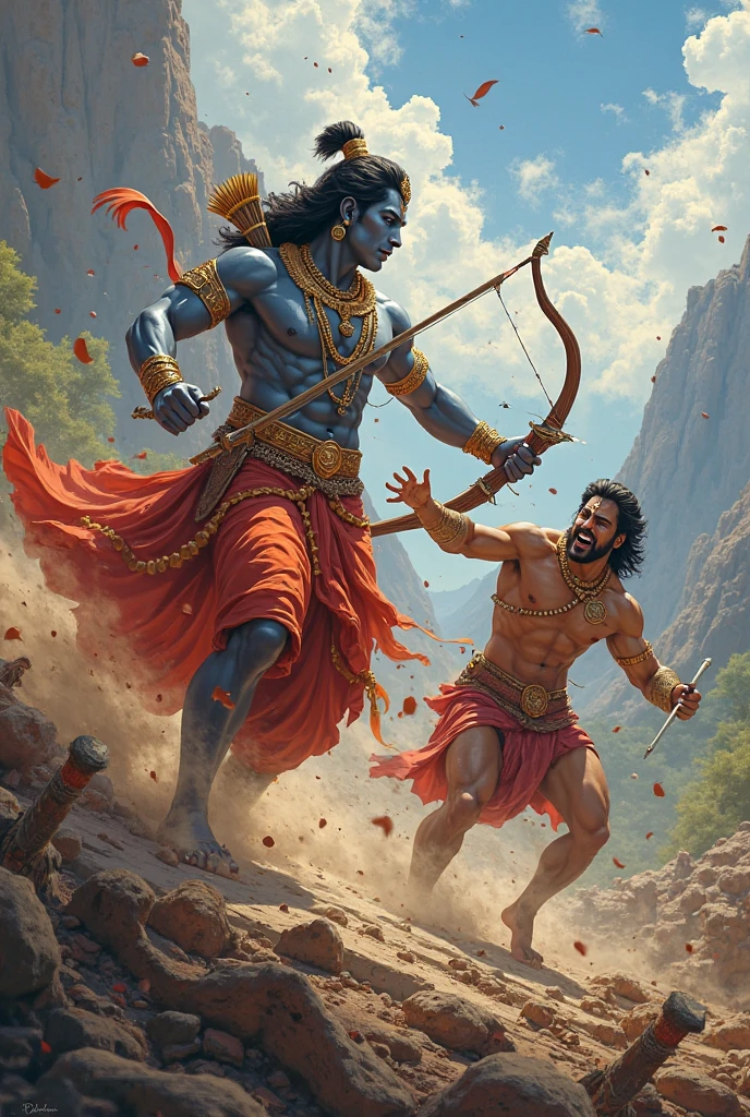 Anime image of a Thai Ganesha sitdown and Shiva fighting a baton sideways in the sky with Thai patterns and smoke in the background.