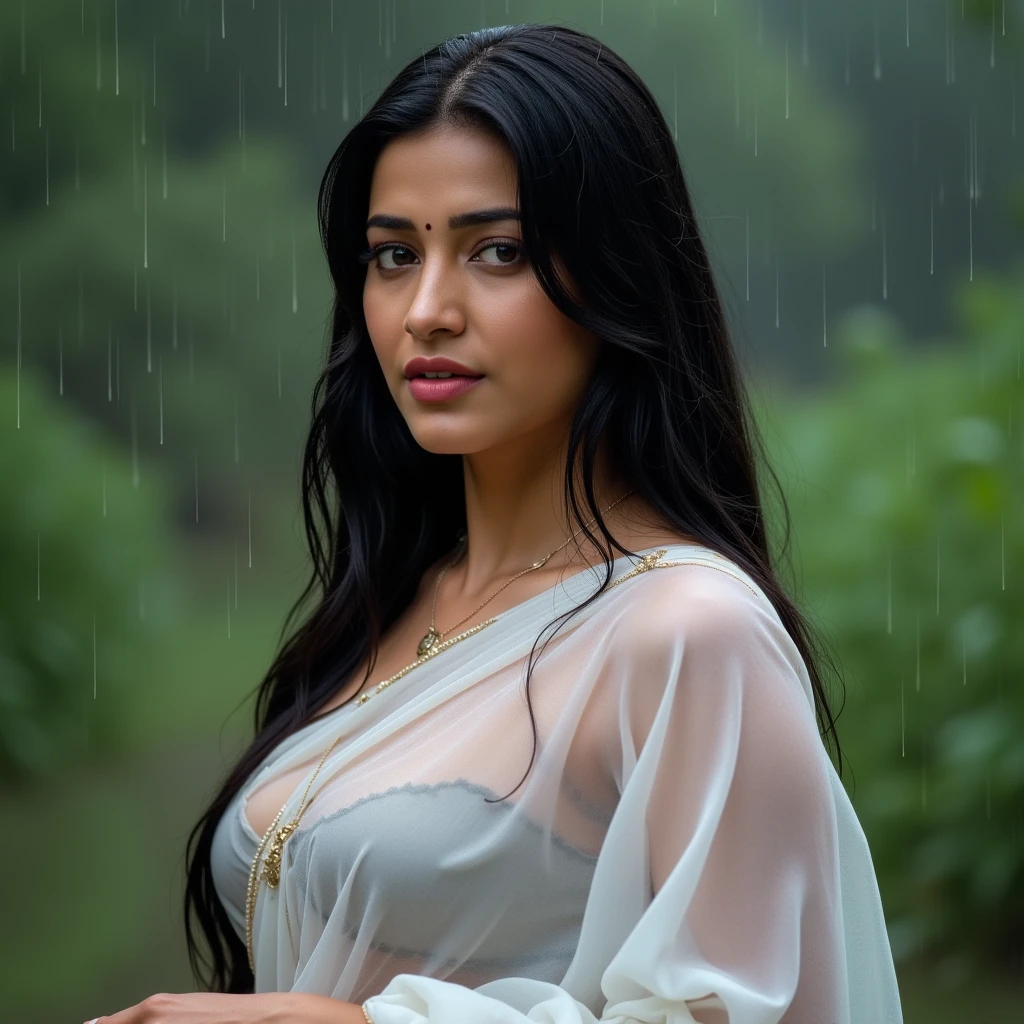 Indian hot girl wearing white transparent saari, wet her cloth in rain, 18 year old, pulpy lips in pink shade, glowing face and her , realistic bump, detailed photo, drenched in rain, transparent saree