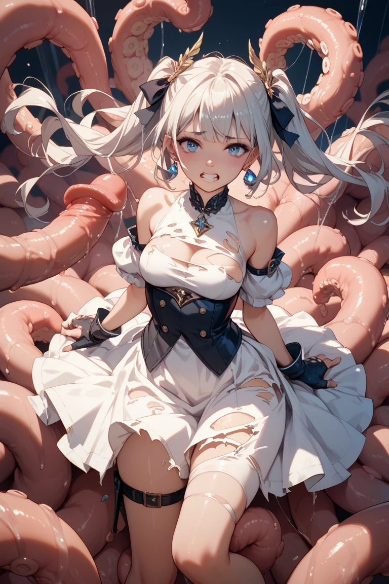 {octopus and woman},(Octopus entangled with woman),(((Octopus Tentacles))),((erect)),(clean,sacred),(((intense orgasm:1.3))),(tears:1.2),(Sweat:1.3),((at the church:1.1)),(((No sleeve,panty))),(button-down,wearing lace shirt),(clothing),((Squint eyes:1.3)),(embarrassing,blush:1.3), masterpiece, Highest quality, Very detailed, Dynamic Angle, ((Perfect hands)),Great background, Meaningful Background, Absurd background, Artistic Overlays,(Tits,Thick thighs),panty,white haired woman,(maid),red eyes,(squat:0.8)