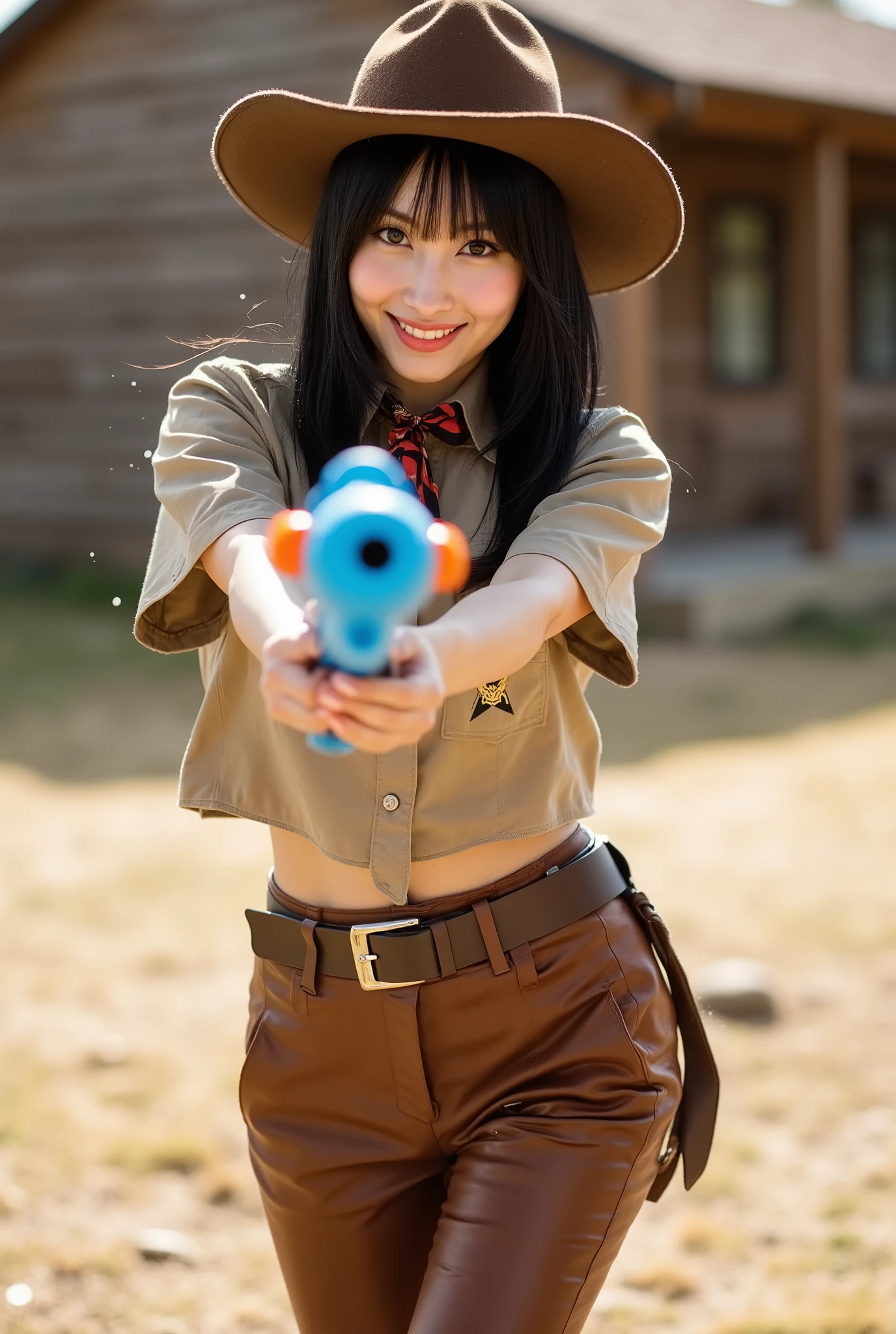 Create a portrait of a stunning Japanese female singer with a slender figure, medium bust, and slim legs. She has medium-length hair and is dressed in a Western sheriff's outfit. Capture her smiling as she playfully shoots a toy water gun with both hands, with water splashing out, set against a Western movie backdrop.