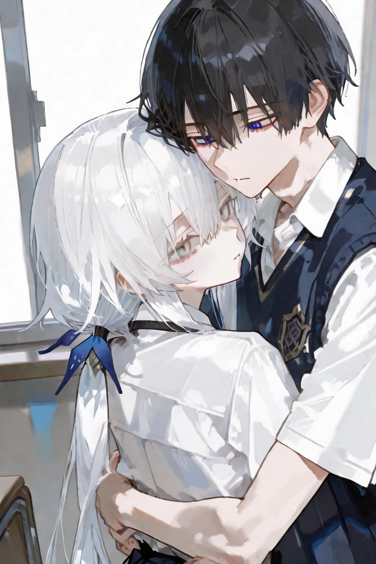 A girl with long blonde hair in a school uniform and a handsome guy with short silver hair，kiss，Infirmary background，8k,