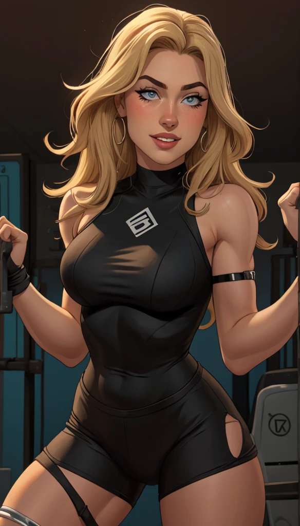 Girl with wavy blonde hair and black mini dress
