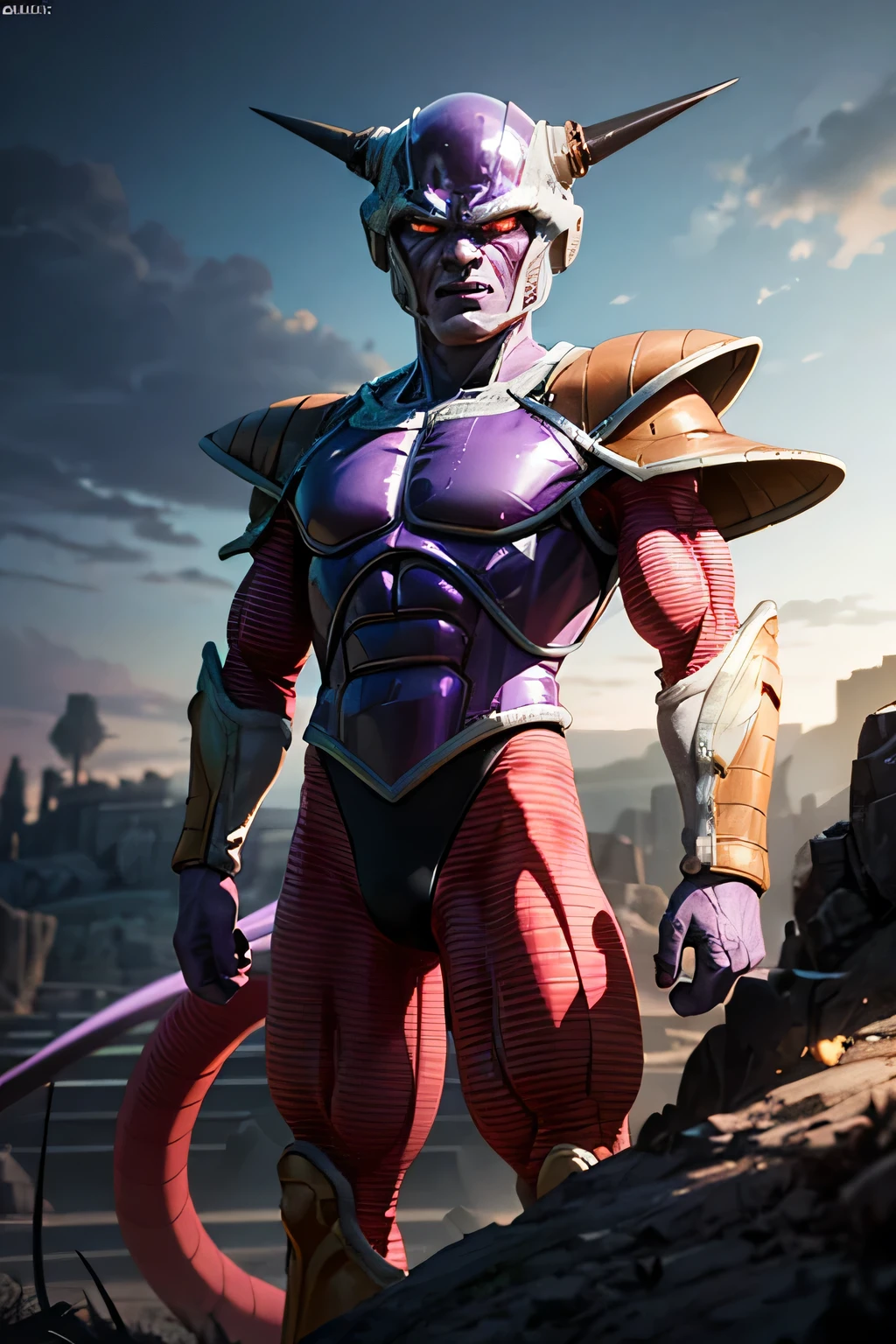 A hyper-realistic, CGI rendering of a menacing alien warrior with smooth purple armor plating, white bio-armor, muscular pink skin with red vein-like patterns, black horns protruding from the head, and a long segmented tail. Highly detailed textures on the skin and armor, showing subtle wear and scratches. Sharp black nails, red glowing eyes, intricate muscle definition, and reflective, glossy armor surfaces. Cinematic lighting with dramatic shadows, rendered in Unreal Engine 5 quality, 8K resolution, ultra-realistic materials, photorealistic environment, showcasing the character in a powerful stance with hands raised, exuding an intimidating aura.