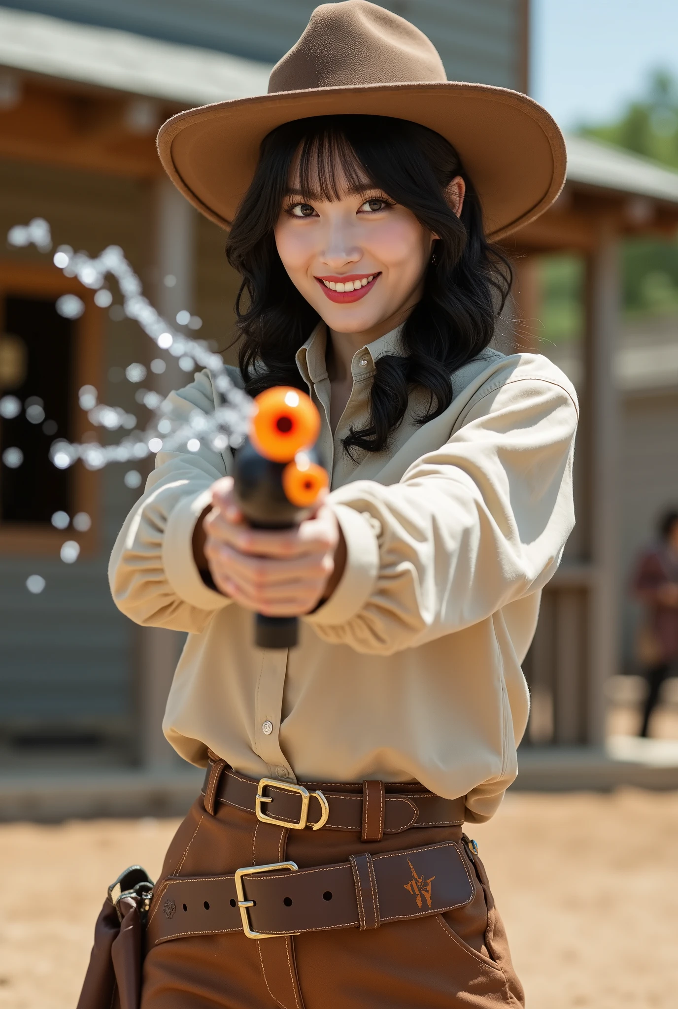 Create a portrait of a stunning Japanese female singer with a slender figure, medium bust, and slim legs. She has medium-length hair and is dressed in a Western sheriff's outfit. Capture her smiling as she playfully shoots a toy water gun with both hands, with water splashing out, set against a Western movie backdrop.