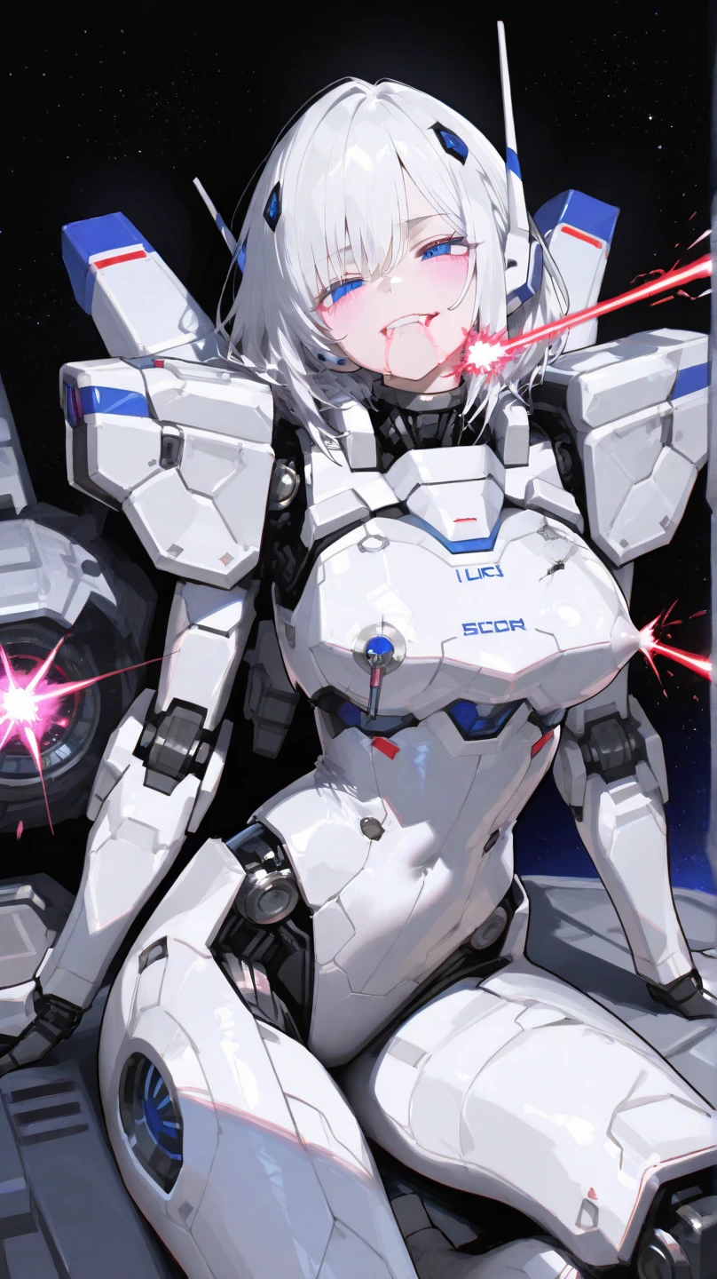 masterpiece、highest quality、High resolution、Very detailed、Medium wide shot、Girl、((ロボットGirl, Mecha)), Glowing Eyes、Colorful Hair、Bobcut、Bouncy hair、Green Eyes、cyborg、android、Machine Body、Open your mouth、Broken Body、Tilt your head、Number tattoo on face、I have a big scar on my face、skeleton、Terminator、rib cage、spine、Mechaニカル、
