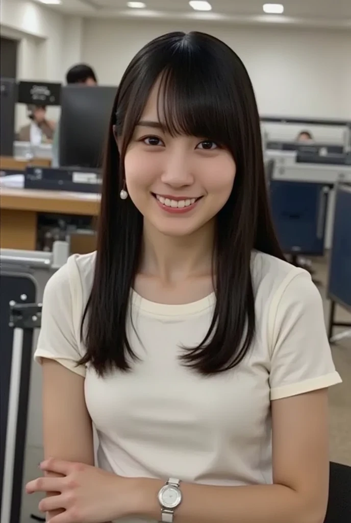 slender girl, (make up:1.1), (ニットセーター:1.2), middle breasts, at school room, (upper body shot:1.1), round face