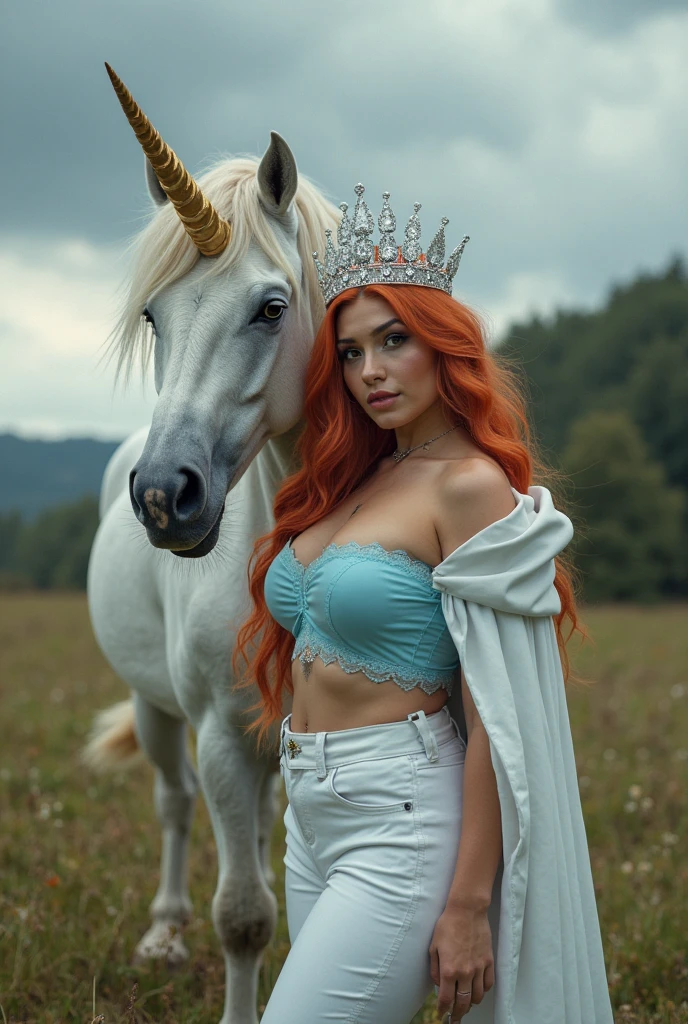 professional modelshoot photo, random red hair girl (highly detailed:1.1),
, smiling, from side,big horse body, solo focus, bottomless, big horse body, (hands on hips:1),fantasy scene with a ((castle in the background)), medieval,plump, fat,big breasts, full body,((white horse)), <lora:CENTAUR-SERY-CONCEPT:1>, wearing a ((brown leather top)), barbarian, adventurer, warrior,