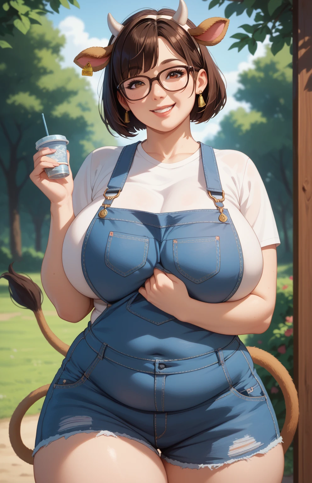 (best quality, masterpiece), 45yo beautiful japanese milf,glasses,denim overalls,naked,side undercut hair,very short hair,sneaker,(heavy makeup),(wrinkle),curvy,huge sagging breasts,necklace,in campground,arms behind head,showing off armpits,sitting on stump,smirk,absurdres