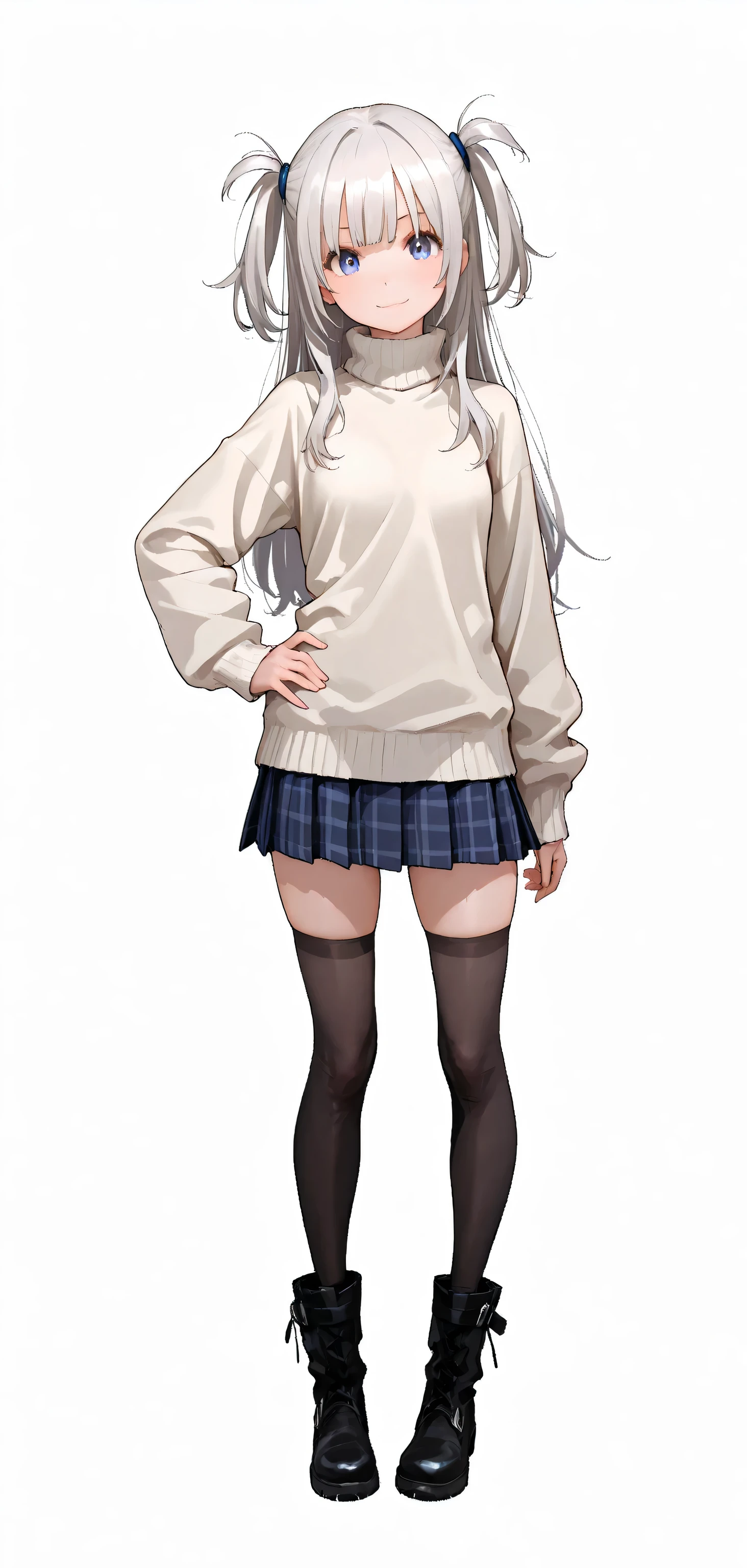 1 girl, full body, looking at viewer, contrapposto pose, hand on hips, one hand on the wall, standing, petite body, slender figure, small breasts, small frame, innocent smile, bright blue eyes, fair smooth skin, rosy cheeks, glossy lips, cute face, big expressive eyes, medium-length silver hair, silky smooth hair, soft front bangs, (twin side up hairstyle:1.3), hair tied up on both sides, loose back hair flowing down, silver hair tie, realistic hairstyle, (white turtleneck sweater:1.5), navy blue plaid pleated skirt, zettai ryouiki, black knee-high boots, youthful appearance, Kyoto Animation, anime illustration, masterpiece, best quality, ultra high resolution, rich contrast, highly detailed eyes, ultra-detailed illustration, very beautiful and delicate anime face and eyes, realistic texture, RAW photo style, (solid white studio background:1.5), soft lighting, (no background1.3),