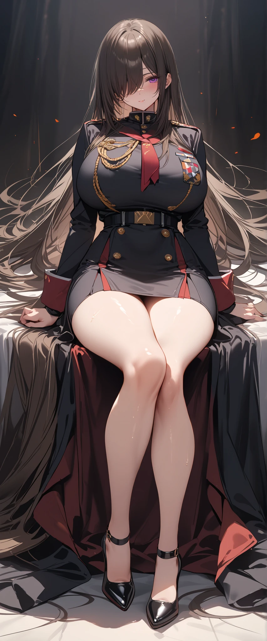 masterpiece, best quality, 1girl, white hair,red eyes,KyoukaUzen, hair ornament military uniform, white gloves, epaulettes, belt, pleated skirt, black skirt, thigh boots, barefoot, footstomp, soles, toes, foreshortening, view from below, indoors