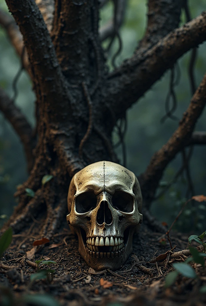 A skull in a dark forest