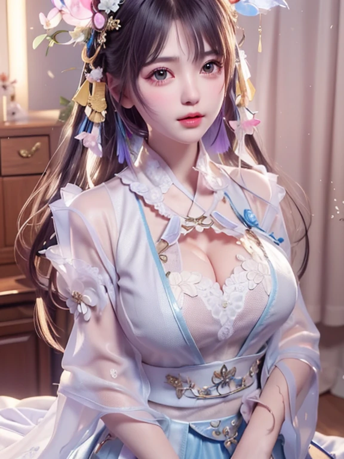 small ,,princess 10 yeald old cute, Master picture quality, Highest quality, Best picture quality, Exaggerated details, The expression is shy,a close up of a , Super beautiful,Long hair, Very exaggerated and compact, Round breasts , Pose in front of the camera, ,, Wet-breasted Hanfu open V-chested clothes pink, All pictures, Wet body of thin silk fabric, Thin silk lace petticoat, (huge boobs,cleavage), petticoat, white pink, blue