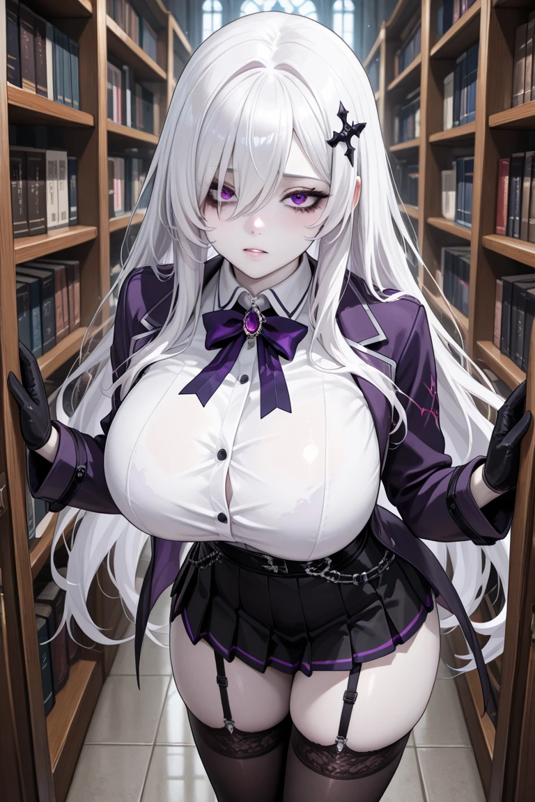 beautiful girl,((Cool colorful metal headphones)),White long hair,(curls),Magician,(Magician长袍),Black garter stockings,Wizard Hat,In the library,((underboobs)),((Below the breasts)),((Lower breasts)),(Big breasts)