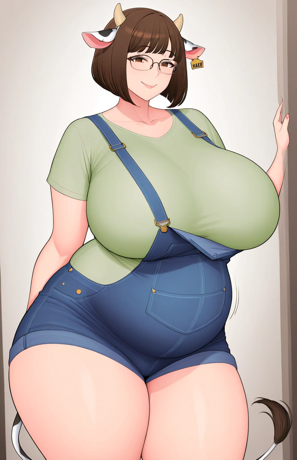 Shizune, 1girl, ((bimbo))), short black hair, glasses, painted lips, wide hips, thick thighs, huge ass, bimbo face , enormous huge natural breasts, cleavage, dungarees, hanging breasts, hot, sweating,  pregnant