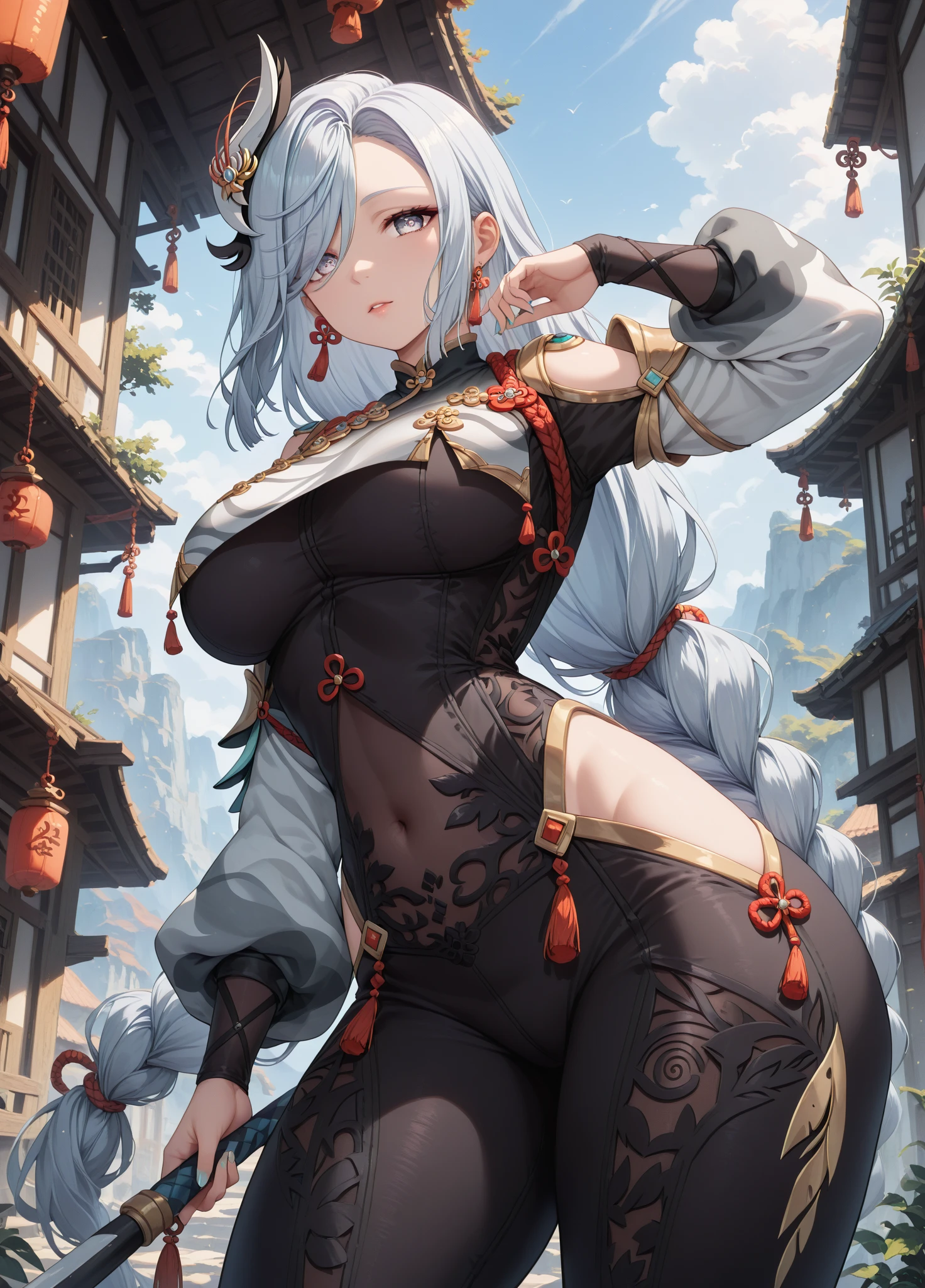 Nsfw, Masterpiece, 8k, art style by sciamano240, very detailed face, detailed clothes, detailed fabric, 1girl 1 man, beautiful face, asymmetrical long hair, light blue hair, chinesse dress, black Dior thigh boots , very detailed blue cat eyes, posing , open mouth smile, chinatown setting, full body view, sultry expression,