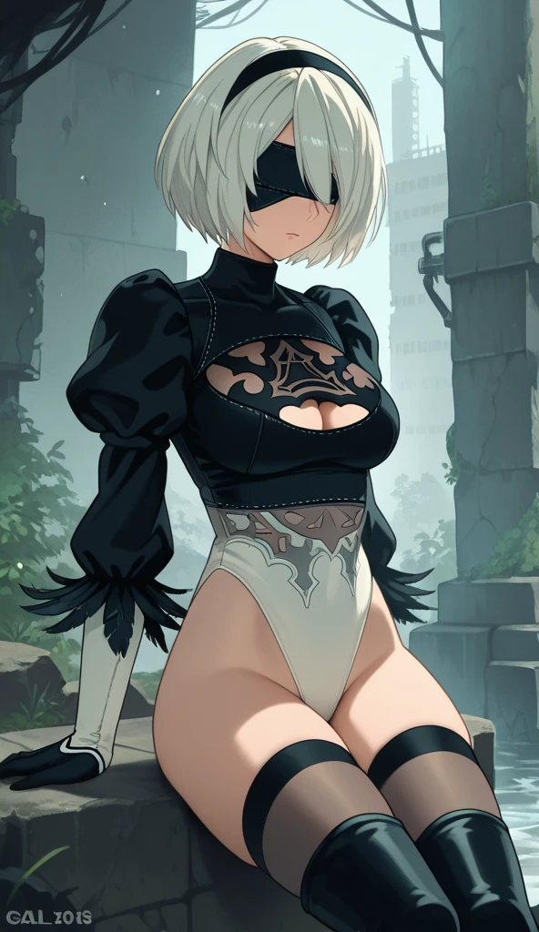 masterpiece, best_quality, 1girl, solo, yorha no. 2 type b, black blindfold, blindfold, wide hips, thick thighs,