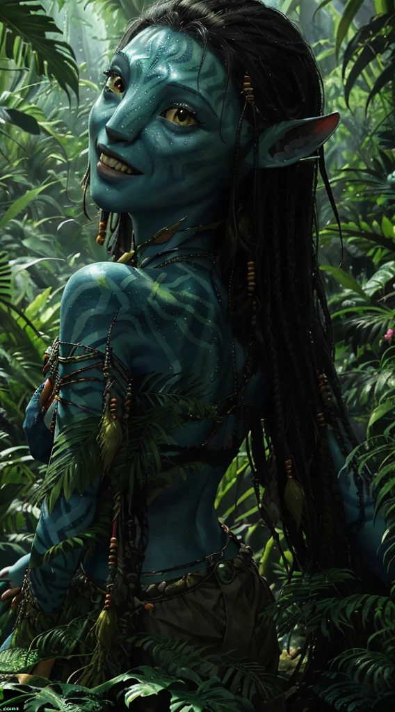 ((Super detailed, masterpiece, Masterpiece))
beautiful girl, One girl, Blue Skin, Yellow Eyes, Black Hair, short hair, Push up your , Huge round breipples,Biagina,Tribalincln the forest, smile