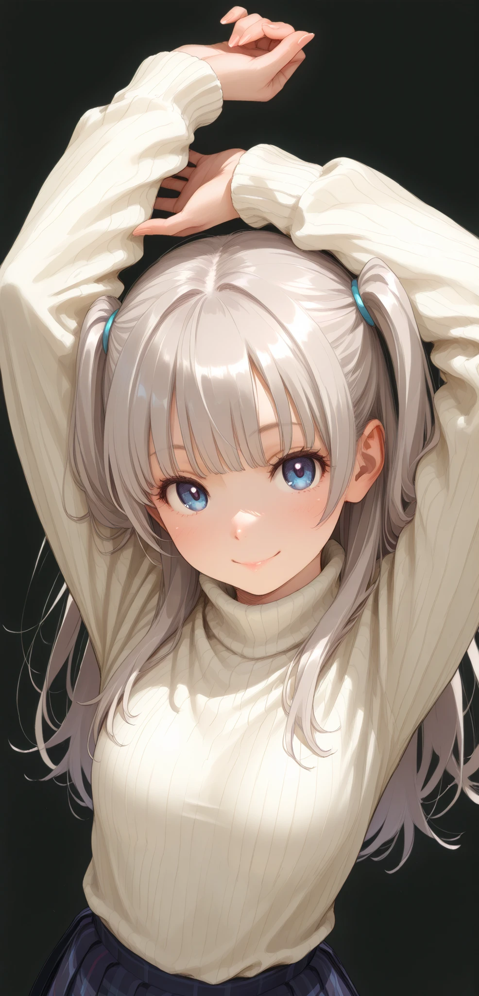 1 girl,looking at viewer, from above, upper body,natural relaxed pose,contrapposto pose,Stretching with arms raised, petite body, slender figure, small breasts, small frame, innocent smile, bright blue eyes, fair smooth skin, rosy cheeks, glossy lips, cute face, big expressive eyes, medium-length silver hair, silky smooth hair, soft front bangs, (twin side up hairstyle:1.3), hair tied up on both sides, silver hair tie, loose back hair flowing down, realistic hairstyle, (white turtleneck sweater:1.5), navy blue plaid pleated skirt, youthful appearance, Kyoto Animation, anime illustration, masterpiece, best quality, ultra high resolution, rich contrast, highly detailed eyes, ultra-detailed illustration, very beautiful and delicate anime face and eyes, realistic texture, RAW photo style, (solid black studio background:1.5), soft lighting, (no background1.3),