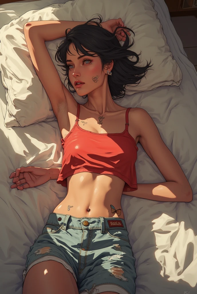 a hyper-realistic portrait of a young woman, half asleep, under a tree, inside a forest, lots of rain, in the middle of nature, 22 years old, realistic, (lying on her side), she is wearing a red panties, (wearing minimal dress), sexy, (huge breasts 2:1), wet clothing, short brown hair, (hair tied with bows), curved, SFW