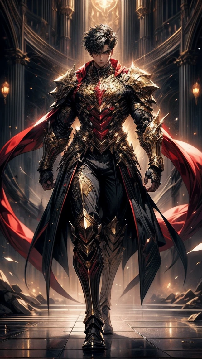 Dragon Knight, glowing eyes, red, gold, reflective, sunlight, blue sky, dramatic lighting, (masterpiece: 1.2), best quality, high resolution, Unity 8k wallpaper, (illustration: 1.0), beautiful details, extremely detailed, perfect lighting, extremely detailed CG, backlight, a pair of large wings on and a pair of small wings under, wlop
