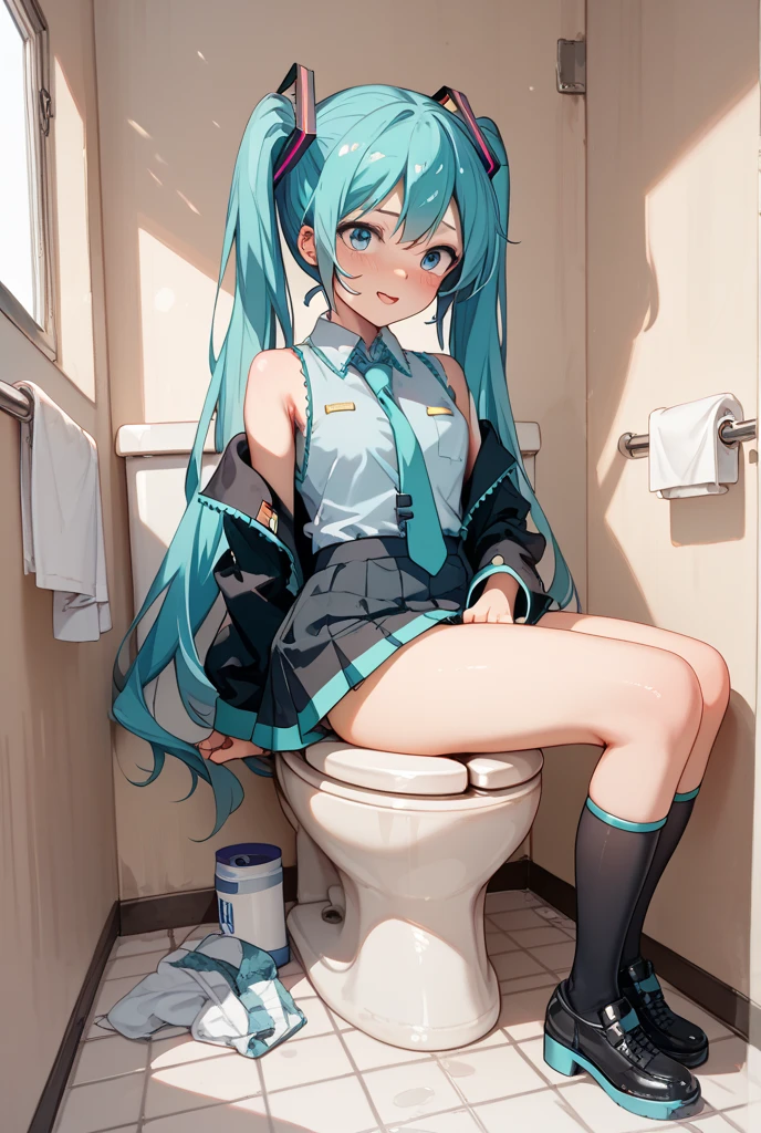 Hatsune Miku wears,JK school uniform,over knee socks,Suspender silk underwear,Gang-raped by fat men as meat toilets in toilets,The thighs are full of sexual words, There are a lot of -filled condoms on the thighs,Sexual fluid flowing out of the oaked panties,Oral sex while squatting on the ground,There are a lot of penises around waiting for creampie