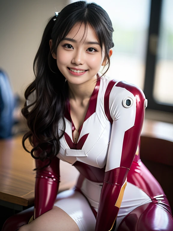 (ultra best quality、in 8K、masuter piece、delicate illustration、full body Esbian),(Wearing a shocking pink and white distressed Iron Man suit.)、A beautiful and bewitching Japanese 25-year-old woman、Plump body、Curly black hair、Colossal tits、A slight smil、airport