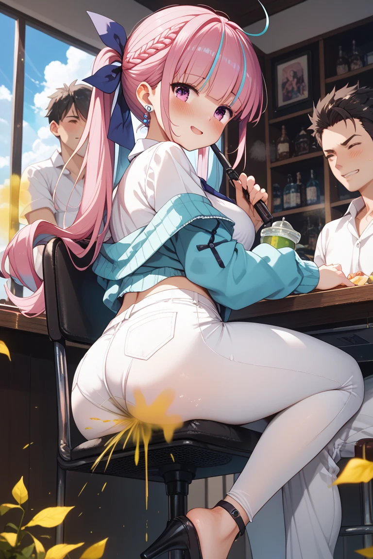 Young girl with pink hair, long twintail hairstyle, ((small bushy eyebrows)), wearing lolita dress, lolicon (Zankuro) drawing style by zankuro artist, Zancrow style, image uploaded in R34, in the mall, flirty smile , suddenly having sex in public, ((doggy style sex)), ((public sex in a restaurant)) naked ass in the male crotch, perfect anatomy, young boy fucking her
