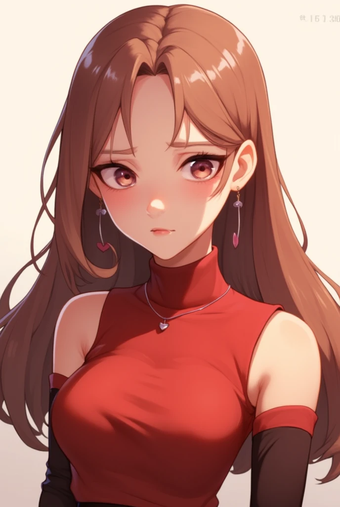 Reddish brown hair、Earrings、necklace、Sleeveless knitwear、Shoulder Bare、turtleneck、sexy