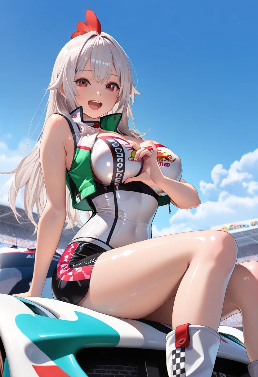 (Photorealistic: 1.4), Best Quality, Ultra High Resolution, 4K, Instagram, High Detailed, Alice (Nikke), Pink Bodysuit, Animal Ears, Artificial Animal Ears, Gloves, Headphones, Headset, Jacket, Pink Bikini, Pink Eyes, White Hair, VirtualGirl-Aim, ,Big Breasts, Big Thigh, Long Hair, Crystal Pendant, Smile,
