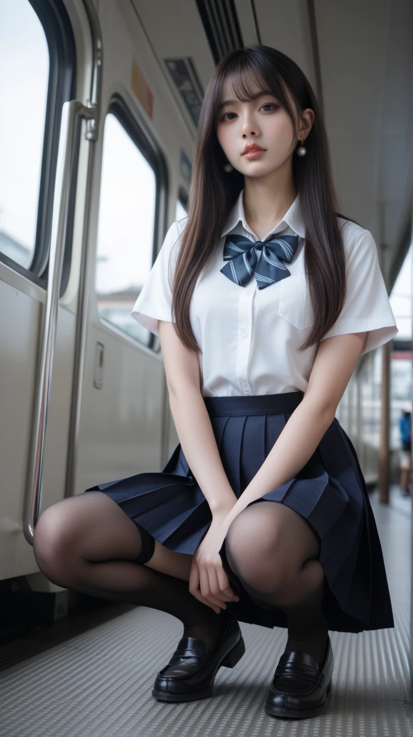 (masterpiece, Highest quality:1.2), 8k,細身の12才のFull nudityの, 85mm,Official AR RAW Photos, スーパースリムなスレンダーbeautiful girl, (Navy blue short skirt、上Half BodyFull nudity、Show me your ears、Naked photoshoot、Full nudity, Cute Face, close, Half Body, Biolace, Gardenia, beautiful girl, 上Half BodyFull nudity,  Bind your neck with a rope, Thighs, Short sleeve, Sit on the platform of the station, Looking at the audience, No makeup, (Big smile), Film Grain, chromatic aberration, Sharp focus, Face Light, Bright lighting, 10 generations, Detailed face, Background blur, ()、(((((())))))、((((((12才のFull nudity女子高生)))))、Narrow waist、Lower from the top front