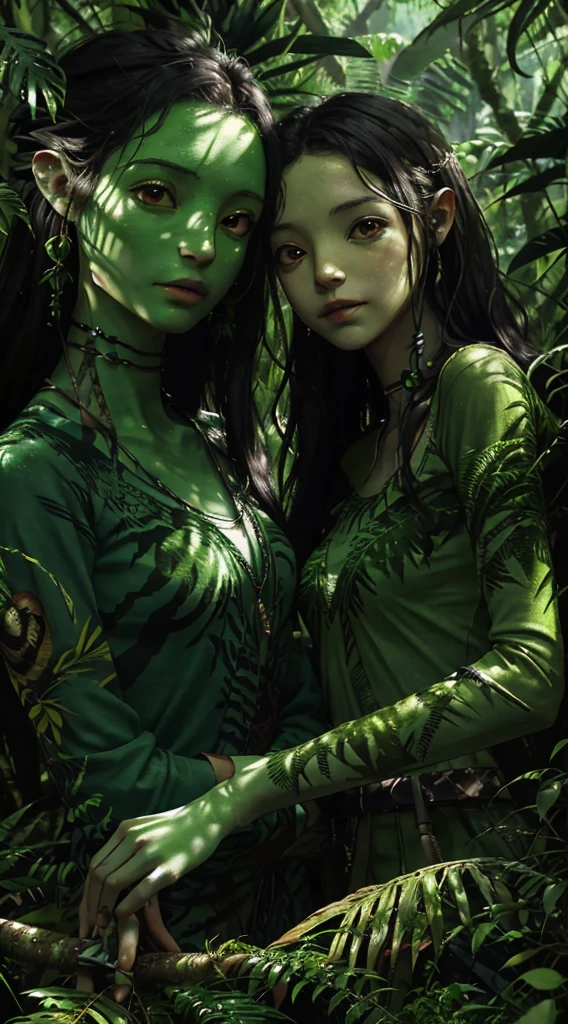 beautiful face, bailong plant girl, a girl made of fresh plants, green skin, bright green eyes