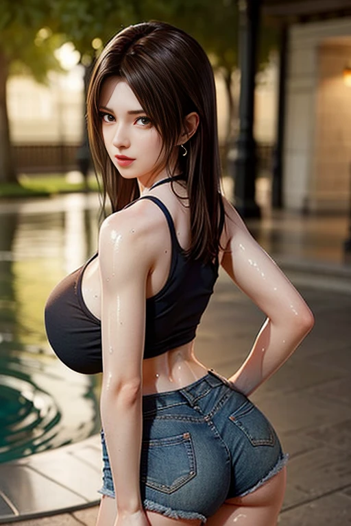 A young solo girl, ((approximately a teenager)), lounges by the edge of a crystal-clear pool, wearing a revealing crop top and micro denim shorts that accentuate her curves. Her flat chest is balanced by the generous curves of her big booty and thick thighs. With a suggestive expression on her face and her hands behind her back, she seductively showcases her sexuality. The cameltoe of her denim shorts and the hint of underboob peeking out add to her allure. The scene is rendered in an adult anime style, characterized by strong lineart and soft painting in modern adult anime aesthetics. The digital art captures every detail, from the glistening