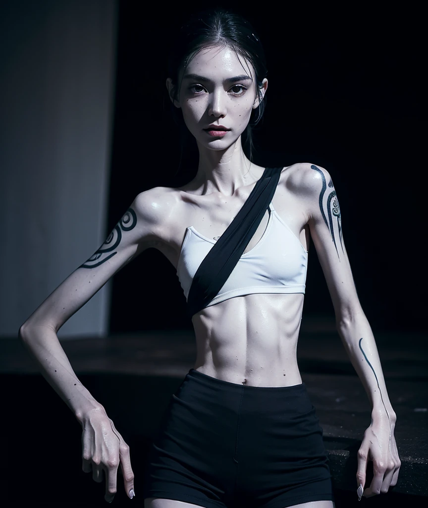 a woman, very thin body, body visible bones, very slender, pale white skin, sweaty wet body, sport bra , sport panties, tatto, full body, has a mental breakdown in an underground prison