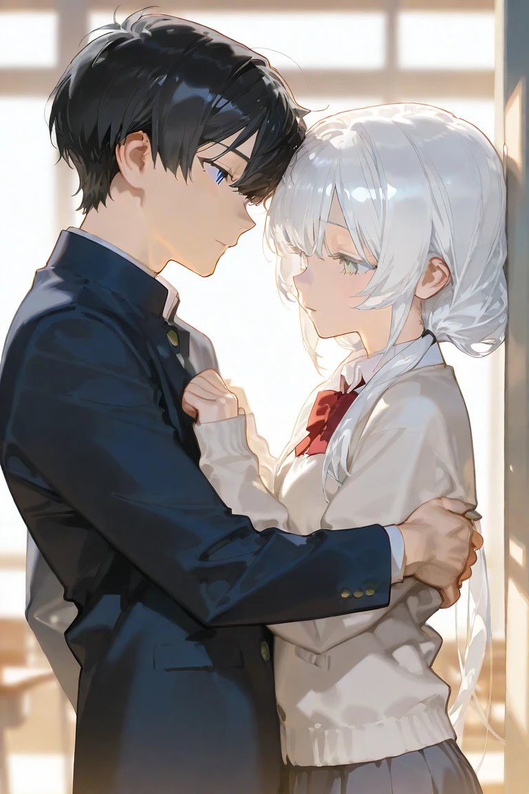 A man and a woman are in a small locker、The locker is closed、The girl has white hair, red eyes and bob hair.、The boy has bob hair, white hair, yellow-green eyes,、They're both about the same height、Naked and blushing、Sweat、tears、heart、The boy's penis is erect and touching the girl's stomach.