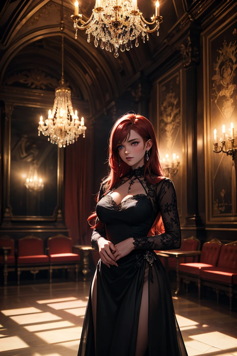 Red hair, blue eyes, tight lace dress, large breasts, slender body, smile, throne 