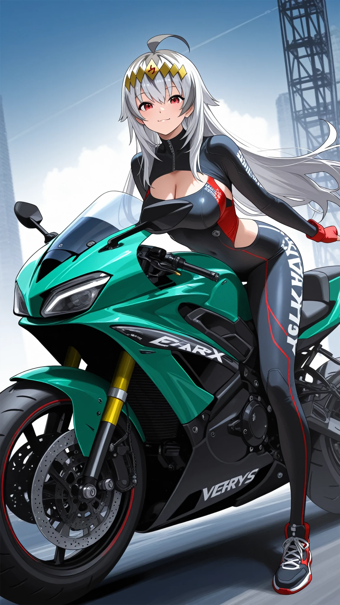 solo,masterpiece,best quality, 1girl,motorcycle,<lora:Motor:1>,(ass),riding,driving,bangs, bare_shoulders, black_hair, big breasts, cape, cleavage, collarbone,green dress, gloves, hair_bun, hair_ornament, hair_stick, jewelry, mole, necklace, smile, solo, thighhighs <lora:Hanying:0.6>
