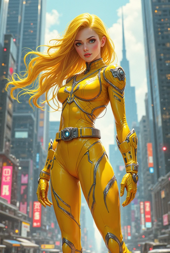 Drawing of a brave young blonde in a light-absorbing and yellow-reflecting outfit 