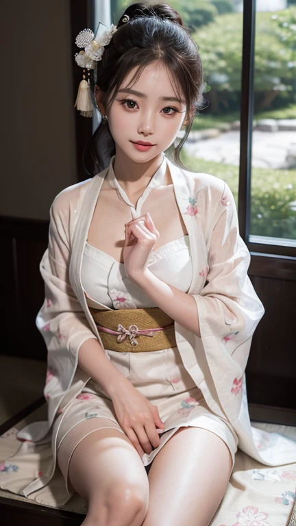 This image contains、A beautiful Japanese girl is depicted。The background is a traditional Japanese room.、Natural light pours in through the lattice windows。The beautiful girl has white hair、The red eyeshadow is distinctive.。Wearing a thin red and white floral top、Sexy design with exposed shoulders。I&#39;m wearing denim pants、A mix of modern casual and traditional elements。

She holds the sword、Staring at the camera with a serious expression。The sword has intricate patterns engraved on it.、The images are detailed and realistic.。The pose is sitting、It has a unique charm that combines strength and softness.。

As a photographic technique、Drawn with ultra-realistic, photo-realistic texture、The transparency of the skin and the texture of the clothes、The background is carefully detailed。The vertical screen composition enhances the character&#39;s presence even more.。The use of light and shadow is skillful、Overall, it&#39;s a work that exudes a very high level of realism.。