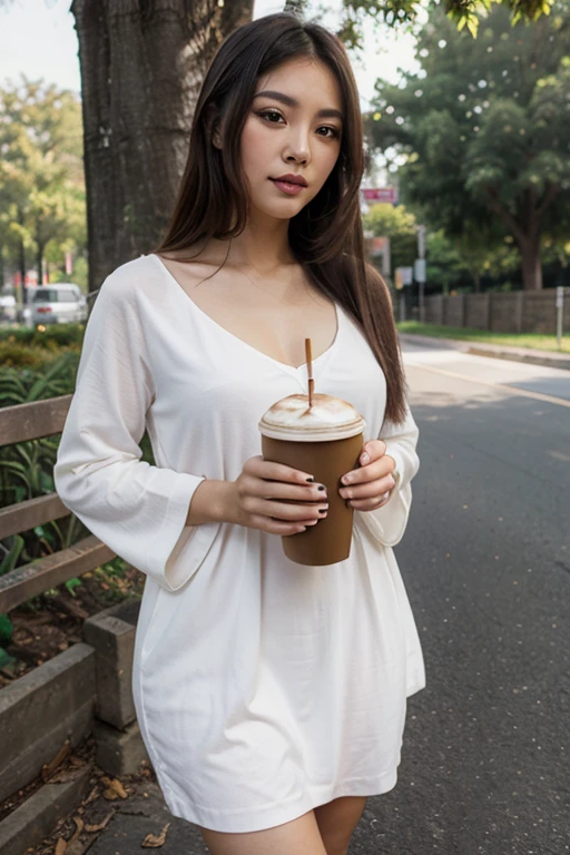 (((Long Twin tail, Wearing yellow off shoulder dress with hotpants))),(((drinking coffee))),(((looking at viewer:1.5))),(((view full body))),(((Photographing a girl from) )),ulzzang-6500-v1.1, (Raw photo:1.2), (Photo realistic:1.4), a beautiful detailed girl, extremely detailed eye and face, beautiful detailed eyes, ultra-detailed, High resolution, top-quality, masterpiece, highly detailed, 8k wallpaper, Wonderful, finely detail, top-quality, Light on the face,电影灯光,1girl in,(Beautiful Glass House on Heavy Rain),Beautiful eyes,smile,Opening Mouth