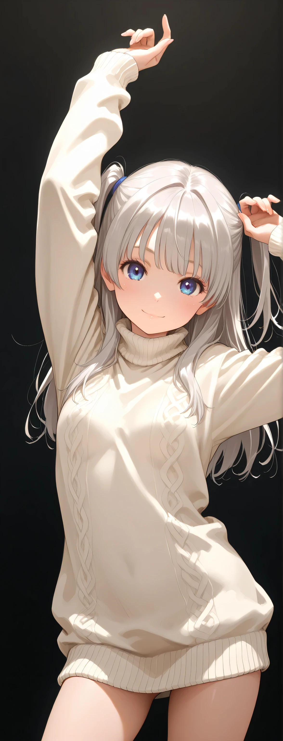 1 girl,looking at viewer, chest up,natural relaxed pose,contrapposto pose,Reaching arms up, one leg slightly bent, petite body, slender figure, small breasts, small frame, innocent smile, bright blue eyes, fair smooth skin, rosy cheeks, glossy lips, cute face, big expressive eyes, medium-length silver hair, silky smooth hair, soft front bangs, (twin side up hairstyle:1.3), hair tied up on both sides, loose back hair flowing down, realistic hairstyle, (white turtleneck sweater:1.5), youthful appearance, Kyoto Animation, anime illustration, masterpiece, best quality, ultra high resolution, rich contrast, highly detailed eyes, ultra-detailed illustration, very beautiful and delicate anime face and eyes, realistic texture, RAW photo style, (solid black studio background:1.5), soft lighting, (no background1.3),