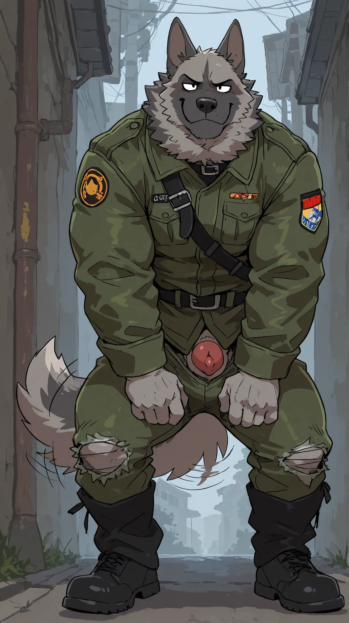 score_9, score_8_up, score_7_up, score_6_up, masterpiece, best quality, amazing quality, very aesthetic, by a cottage, stripes on fur, absurdres, newest, scenery, (heartless, muscular, anthro, dominant, big muscles, 1male, solo, wripped military uniform off, torn military pants, dog cock, dog penis, smug, anthro dog, anthro german shepherd, closed Mouth, happy, tale wag, wagging tale , monster dog, grey fur, detailed black eyes, smith, (sharp teeth), (by woolfie:), wripped military uniform, dog sheath, by woolfie