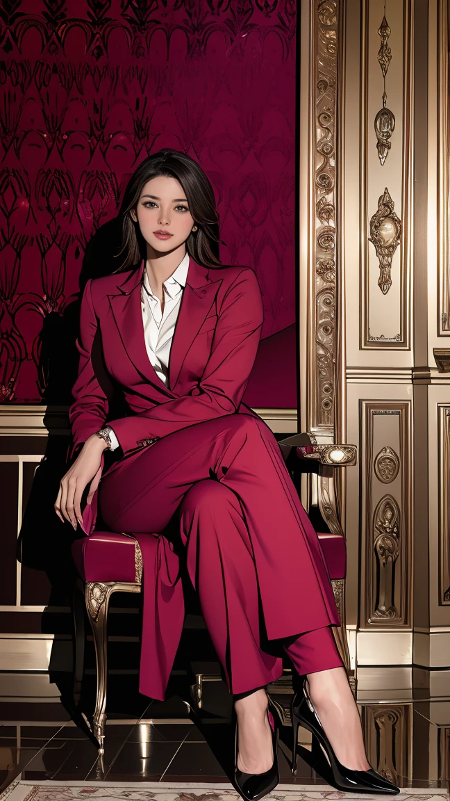 Stunning model Cheryl Cole, sitting on the couch, legs crossed,wearing skirt suit, suit and tie, (((three-piece suit))), silk dress shirt, shirt and tie, necktie, ((blazer)), ((suit jacket)) ((waistcoat)), bodycon miniskirt,, messy wavy hair, voyeuristic, intimate, soft light, warm glow on her face and body, soothing, high detail skin, HDR